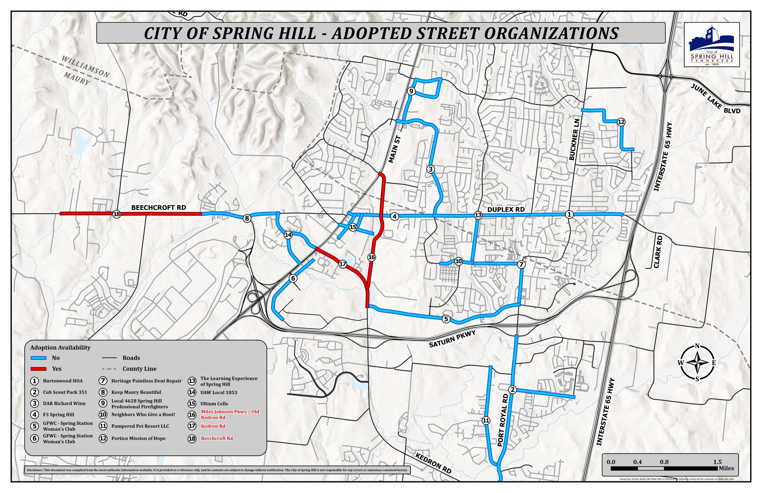 Map detailing the adopted streets in the Spring Hill Adopt-a-Street Program